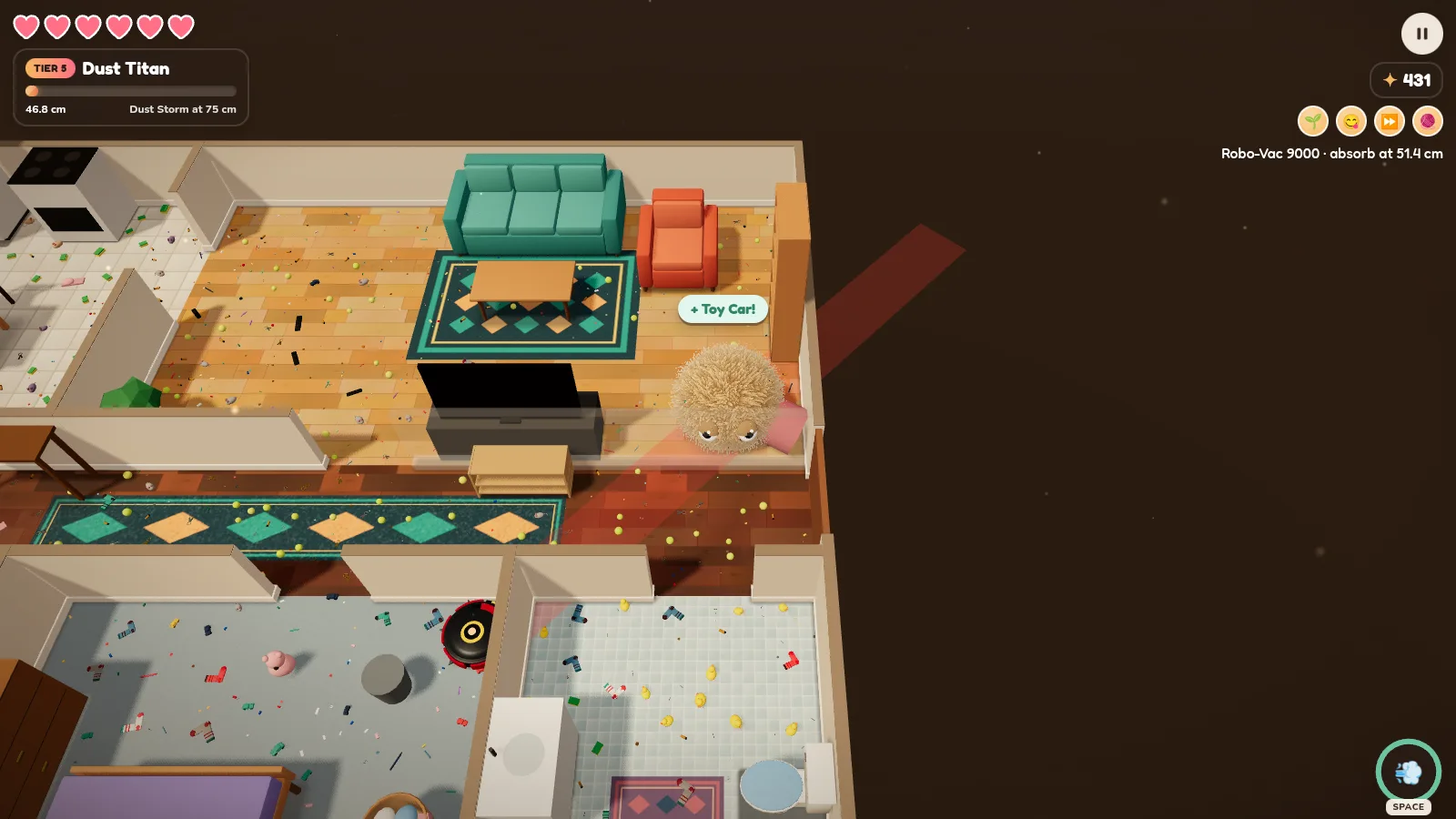 The Robo-Vac 9000 boss in a bedroom, lining up a charge: a red telegraph lane runs from it, through the hallway, to a Tier 5 Dust Titan beside the TV. The HUD reads Robo-Vac 9000, absorb at 51.4 cm.