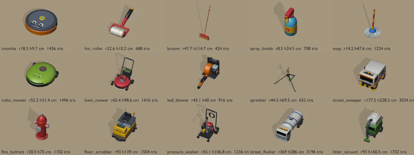 Rendered models of the cleaning Hazards in three rows: house (Roomba, lint roller, broom, spray bottle, mop), neighborhood (robotic mower, lawn mower, leaf blower, sprinkler, street sweeper) and city (fire hydrant, floor scrubber, pressure washer, street flusher, litter vacuum).