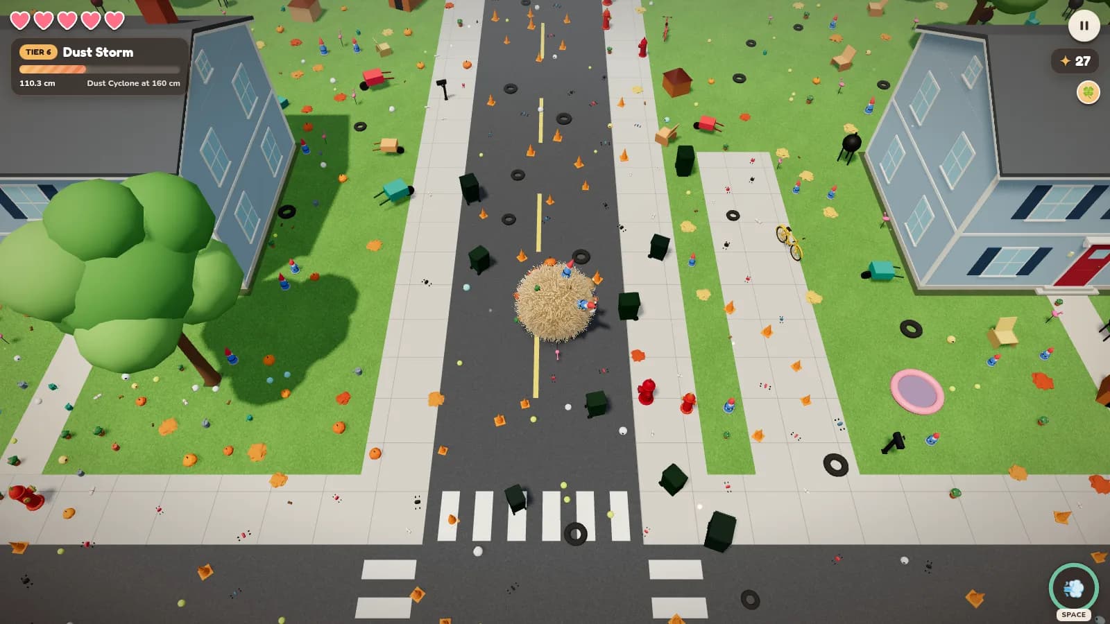 A tan, fluffy Tier 6 Dust Storm in the middle of a suburban street, surrounded by traffic cones, tires, trash cans and garden gnomes, with houses and a big oak tree on either side.