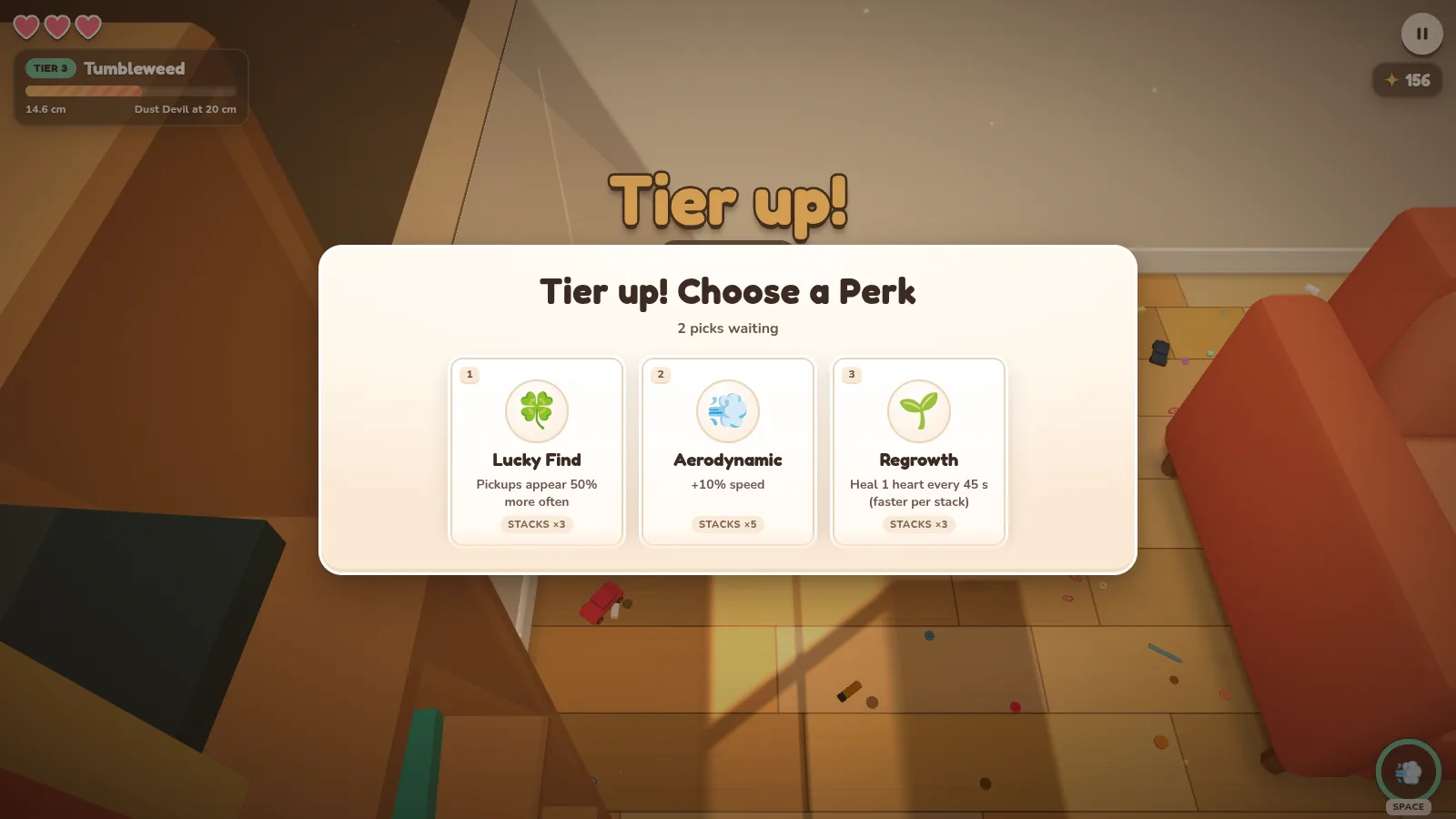 The Tier up perk draft: three cards for Lucky Find, Aerodynamic and Regrowth over a paused game, with 2 picks waiting.