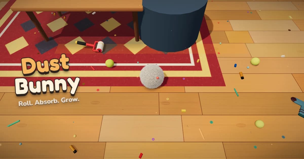 Dust Bunny title art: a fluffy grey dust bunny on a wooden floor beside a red rug, a lint roller and a coffee table, with the tagline Roll. Absorb. Grow.