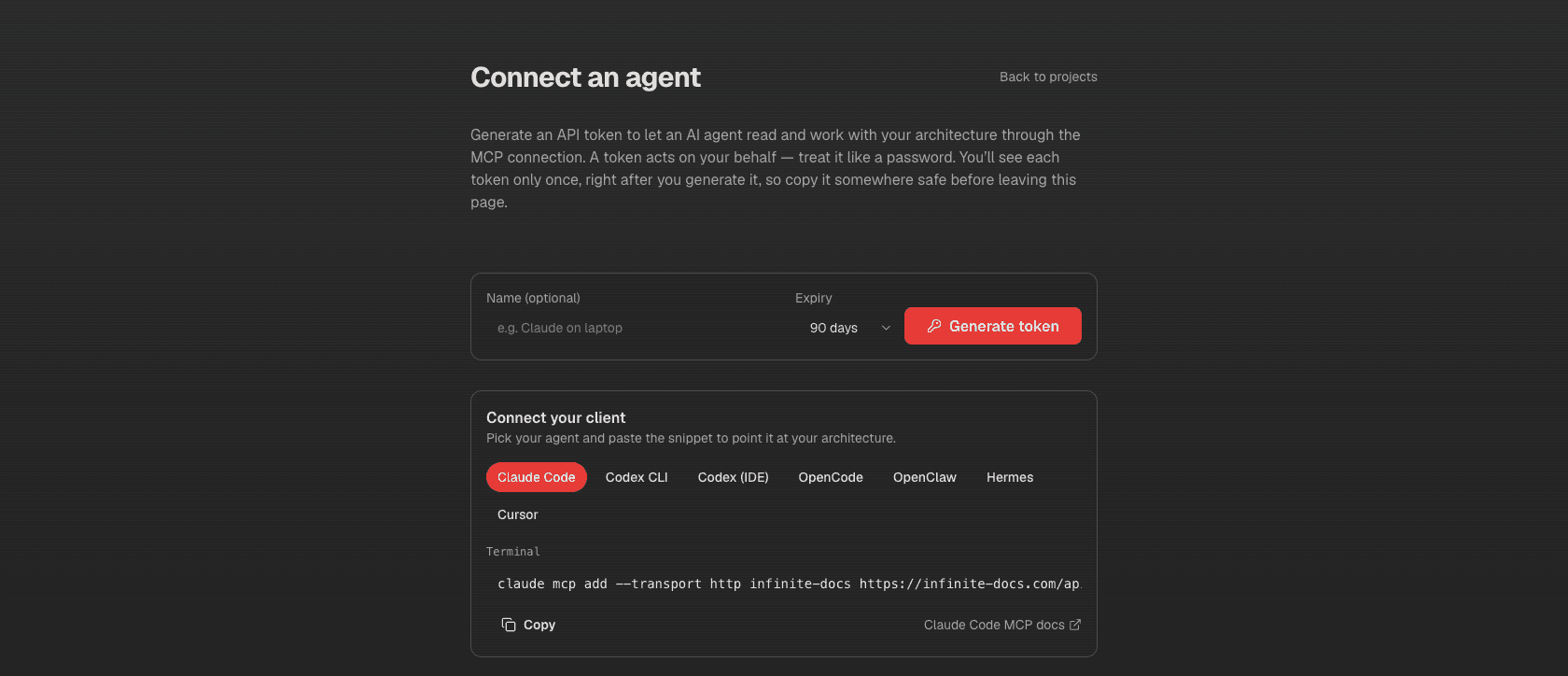 The Connect an agent page: generate an API token with an expiry, then pick a client (Claude Code, Codex CLI, Cursor, and more) to get a ready-to-paste MCP connection snippet.