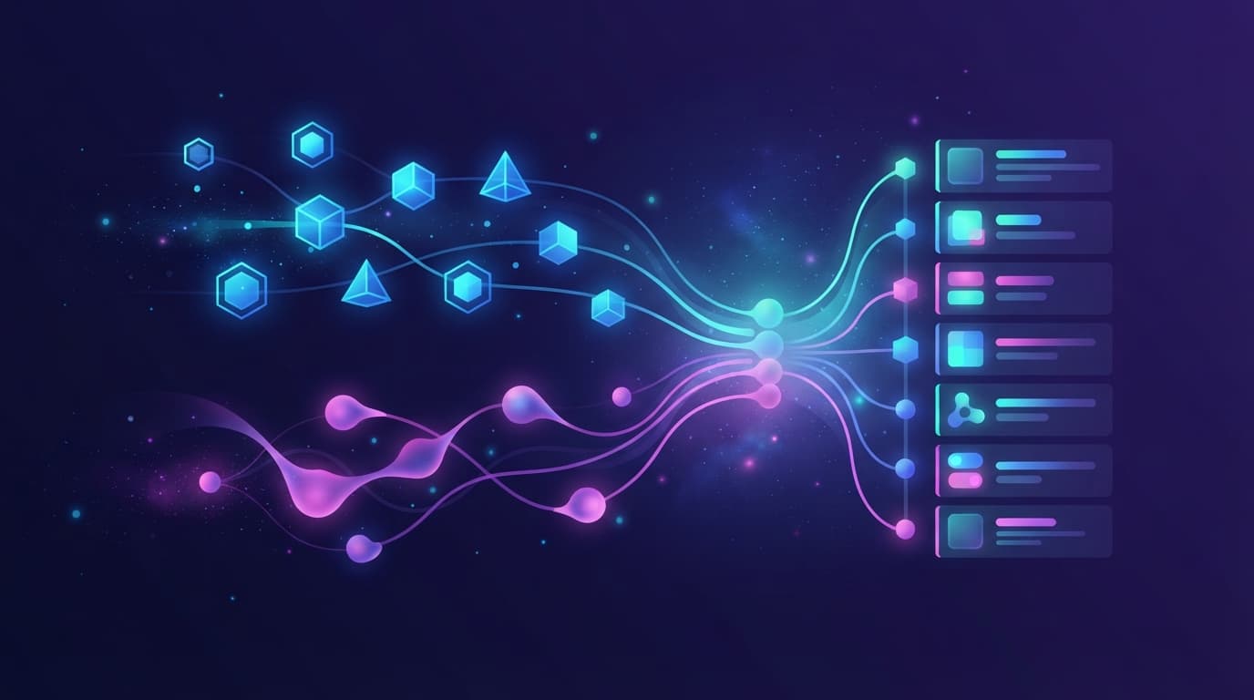 Two streams — geometric keyword tokens and flowing semantic vectors — converging and fusing into a single ranked list of results